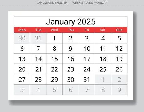 2025 january calendar. A vector collection of English monthly page calendars Ilustração Stock