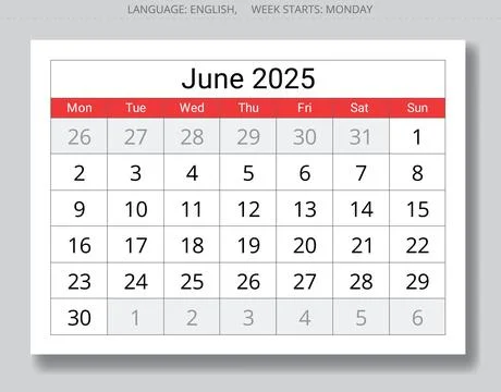 2025 june calendar. A vector collection of English monthly page calendars. .. Stock Illustration