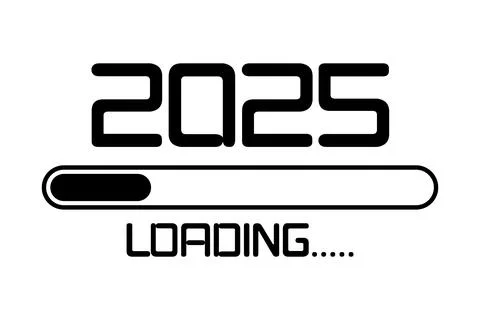 2025 with loading icon flat style. Progress bar almost reaching Happy new year Stock Illustration