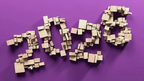 2025 made of cardboard boxes on purple background Stock-Illustration