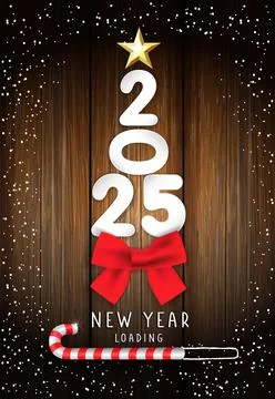 2025 New Year loading, greeting card with paper numbers, red bow and xmas star Stock Illustration