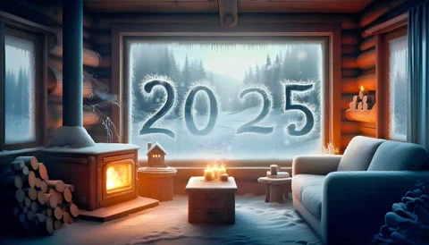 2025 New year loop video winter window snowfall interior video animation Stock Footage 285711835