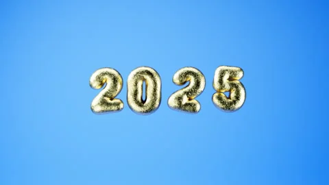 2025 New Year numbers in the form golden inflated balloons hanging in the air Stock Footage 289718653