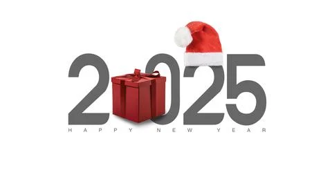 2025 New year text concept with giftbox and santa hat concept series Stock-Illustration