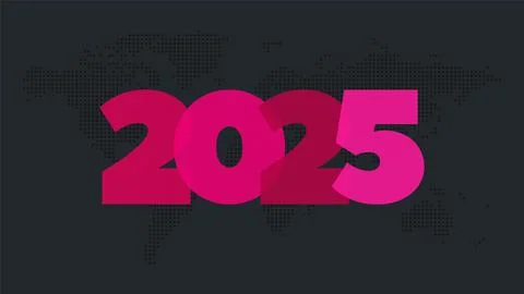 2025 new year vector icon. Pink symbol. World map background. Ele Stock Illustration