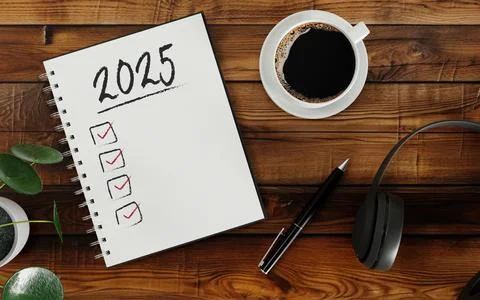 2025 note with checklist and coffee on wooden desk, 3D render Stock Illustration