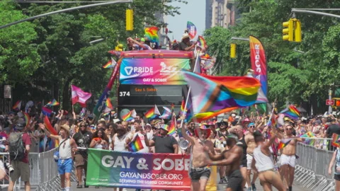 2025 NYC Pride March is opened on Fifth Avenue in New York City. Stock Footage 313011263