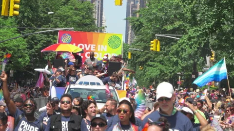 2025 NYC Pride March is opened on Fifth Avenue in New York City. Stock Footage 313016852