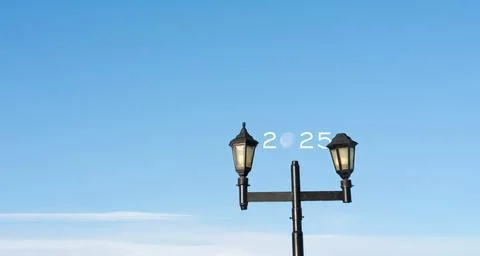 2025 text with moon inside outdoor lamppost concept series Stock Illustration