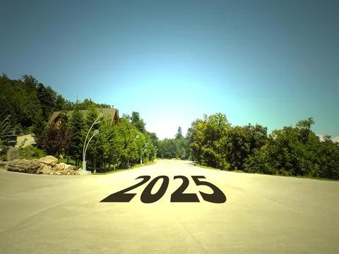 2025 written on an empty road and beautiful landscape. Concept for new year.. Stock Illustration