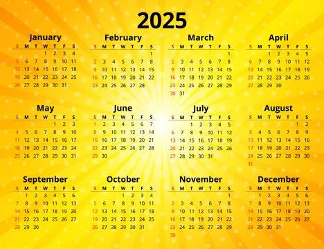 2025 year calendar. Modern vector template illustration yellow sun rays bac.. Stock Illustration