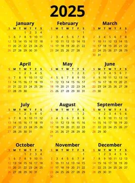 2025 year calendar. Modern vector template illustration yellow sun rays bac.. Stock Illustration