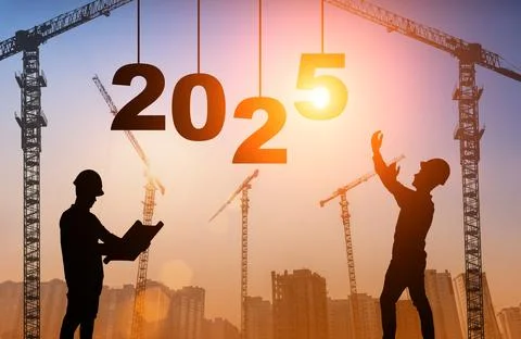 2025 year concept. Construction worker and crane on the backdrop of sunset and Stock Illustration