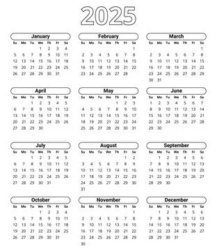 2025 year english vector simple calendar 12 months Stock Illustration