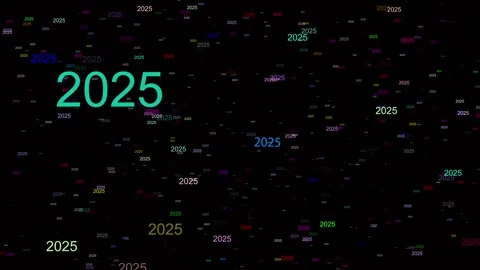 2025 year flying through elements with black background Happy New Year Video stock 295522061