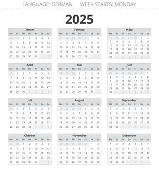 2025 year GERMAN calendar. Vector illustration for Germany, grey colors Illustrazione stock
