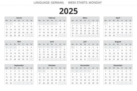 2025 year GERMAN calendar. Vector illustration for Germany, grey colors Illustrazione stock