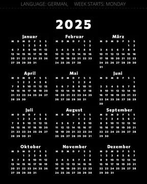 2025 year GERMAN calendar. Vector illustration for Germany black background Stock Illustration