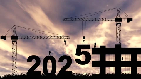 2025 Year number with cranes while engineers working together. Stock Footage 232775315