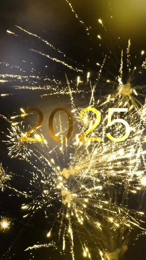 2025 zoom in with golden firework explosion Stock Footage 277410096