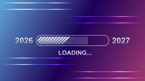 2026 to 2027 Loading Progress Bar on Futuristic Neon Gradient Background イラスト素材