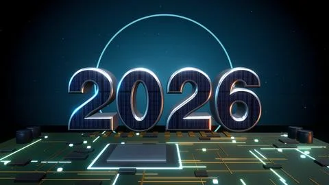 2026 3D Text with Orbiting Planets on a Circuit Board Stock Illustration