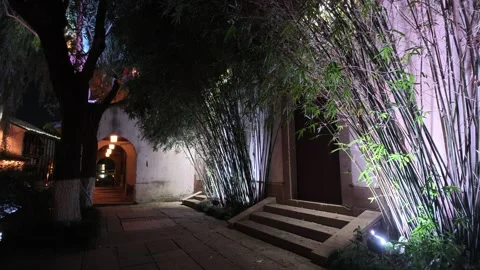 2026 Aug 01, Jiaxing. Paved stone pathway leads through traditional garden Stock Footage 344793384