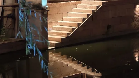 2026 Aug 01, Jiaxing. Willow branch framed illuminated stone staircase Stock Footage 344793393