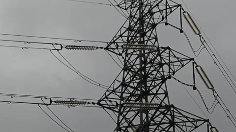 2026 Aug 09, Shanghai. Low angle close-up of dark steel lattice electricity Stock-Footage 344522478