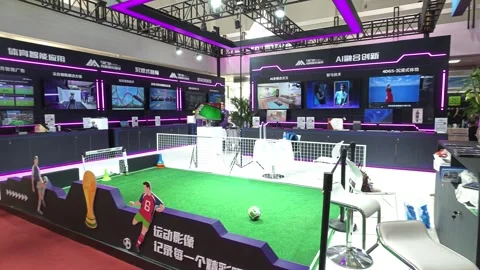 2026 Aug 20, Beijing. BIRTV Attendees browse AI innovation exhibition booth Stock Footage 344834980