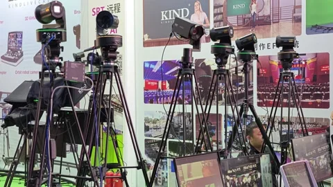 2026 Aug 20, Beijing. BIRTV Robotic broadcast cameras line exhibition booth Stock Footage 344839941
