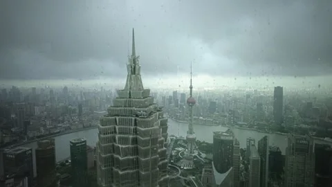 2026 Aug 27, Shanghai. Elevated high-angle view through rain-speckled window Vidéo 344852807