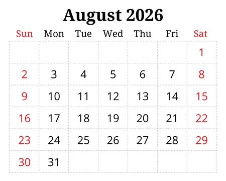 2026 august printable calendar planner. English monthly page vector templat.. Stock Illustration