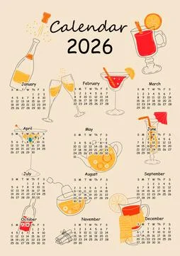 2026 calendar design with different drinks for different seasons. Illustrazione stock