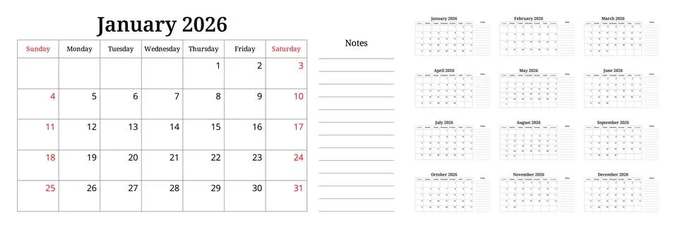 2026 calendar with notes. A vector collection of English monthly page 12 mo.. 스톡 일러스트