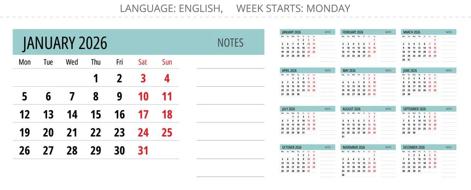 2026 calendar with notes. A vector collection of English monthly page calen.. イラスト素材