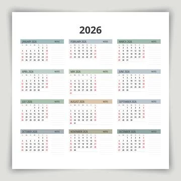 2026 calendar with notes for write. A vector collection of English monthly .. イラスト素材