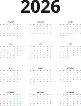 2026 Calendar template. Calendar 2026 - 12 months yearly calendar in year 2026 Stock Illustration