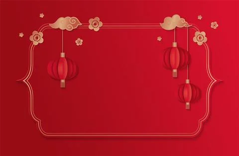 2026 Chinese new year empty frame template with clouds, lanterns and flowers on Stock Illustration