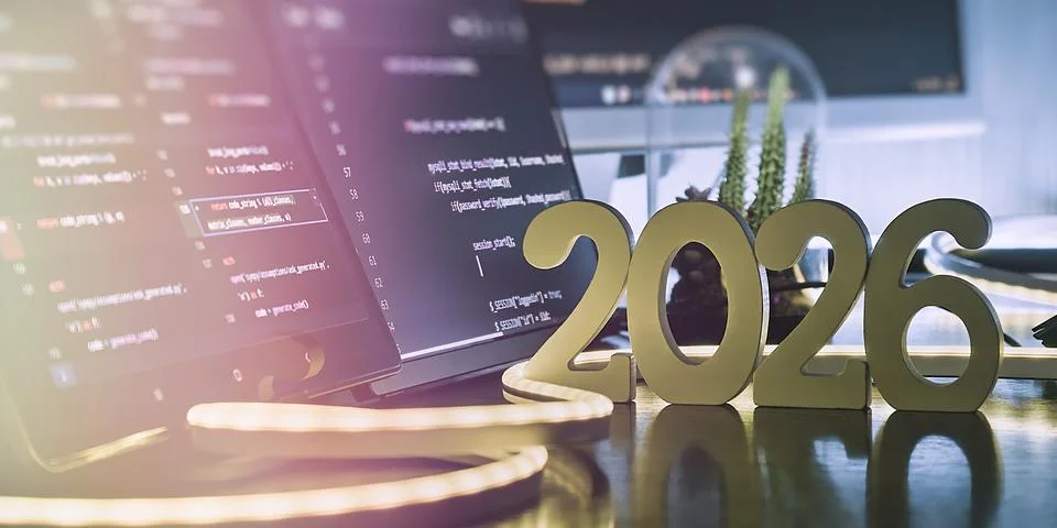 2026 Coding Workspace with Source Code Screens, Neon Cable Light and Modern D 库存照片