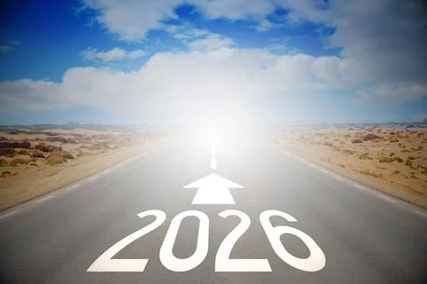 2026 - empty road on a desert and clouds on a sky Illustrazione stock