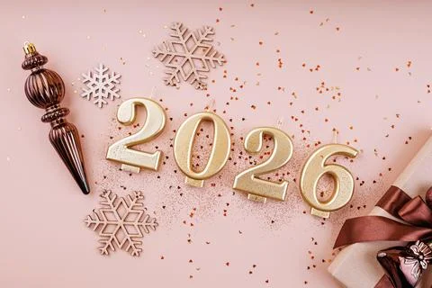 2026 Festive Composition with Gift and Snowflakes Stock Photos