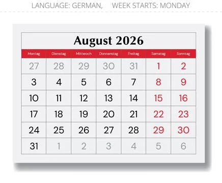 2026 German August calendar layout  Kalender August. Vector monthly paper p.. Illustration