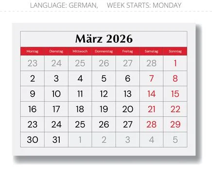 2026 German March calendar layout. Vector monthly paper page Germany. Stock Illustration