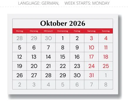 2026 German October calendar layout  Kalender Oktober. Vector monthly paper.. Stock Illustration