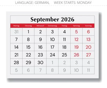 2026 German September calendar layout  Kalender September. Vector monthly p.. Stock Illustration