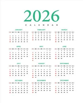 2026 Green Calendar Vector Template - Clean Serif Yearly Wall Planner Red Sunday Stock Illustration