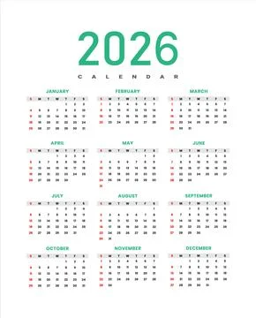 2026 Green Calendar Vector Template - Modern Sans Serif Yearly Wall Planner Stock Illustration