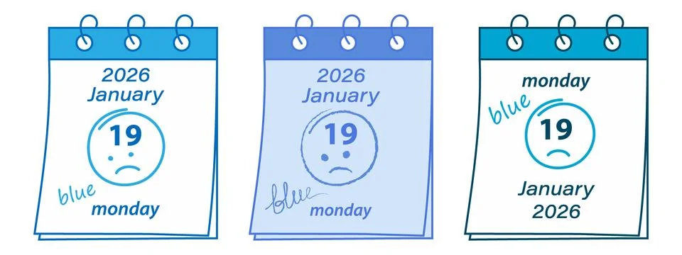 2026 January 19 Spring bound Calendar pages with Hand drawn text and sad smile Stock Illustration