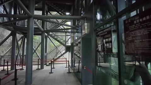 2026 Jul 15, Wulong. Empty industrial sightseeing elevator queue with cliff view Stock Footage 340513765
